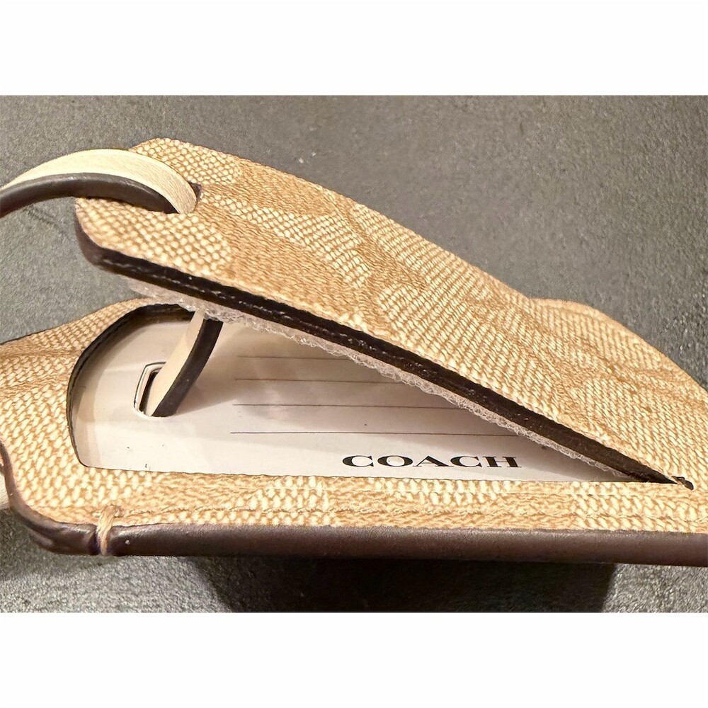 Coach Signature Canvas Luggage Tag Khaki/Chalk Leather Strap Gold Tone - Picture 4 of 4